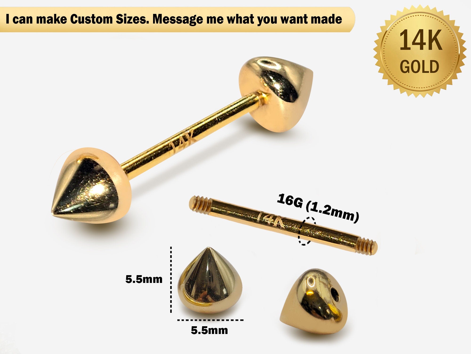 14K Gold Nipple Jewellery Barbell, Barbell Earrings with Round Cone End - 16G Body Jewellery Straight Barbell Stud