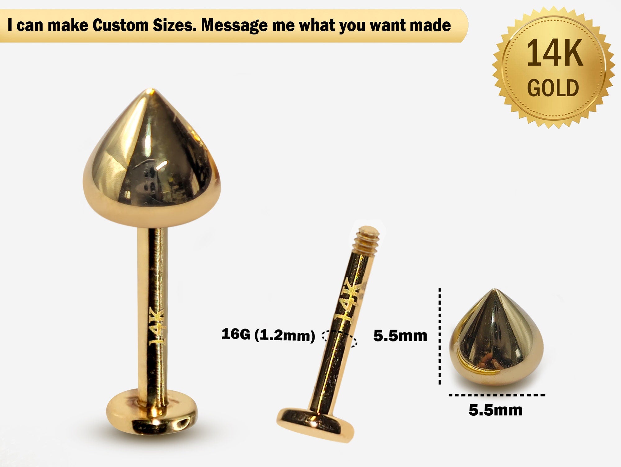 14K Gold Round Cone Labret Stud Lip Jewellery, Lip Piercing Tragus Earring - 16G Body Jewellery Gold Lip Bar