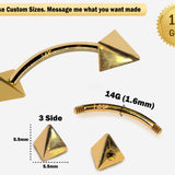 14K Gold 3 Side Pyramid Design Spike Eyebrow Piercing Curved Barbell Piercing, Cartilage Piercing, Belly Ring - 14G Body Jewellery