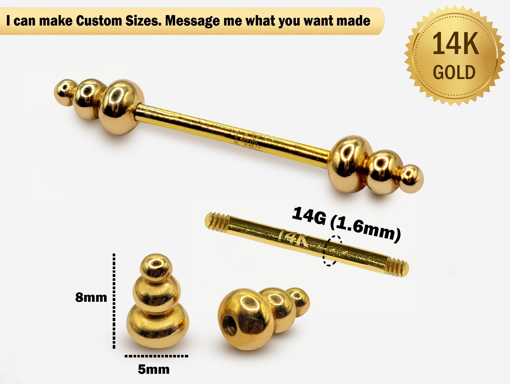 14K Gold Unique Style Barbell Piercing, Nipple Jewelry, Barbell Earrings - 14G Body Jewellery Straight Barbell Stud