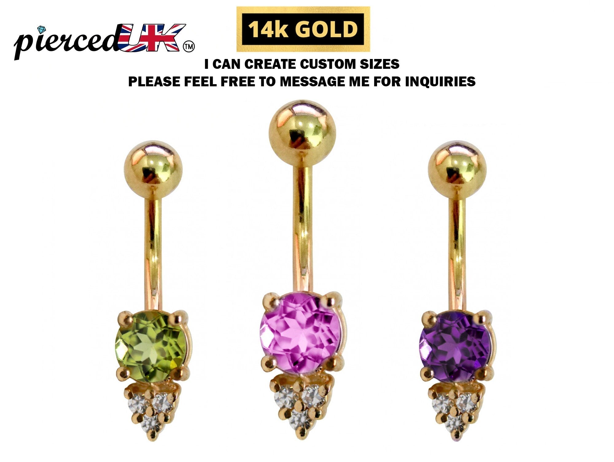 14K Gold Belly Ring - Design Belly Bar with the Highest Quality Crystals Hand Set & Polished - Navel Jewellery for someone Very Special