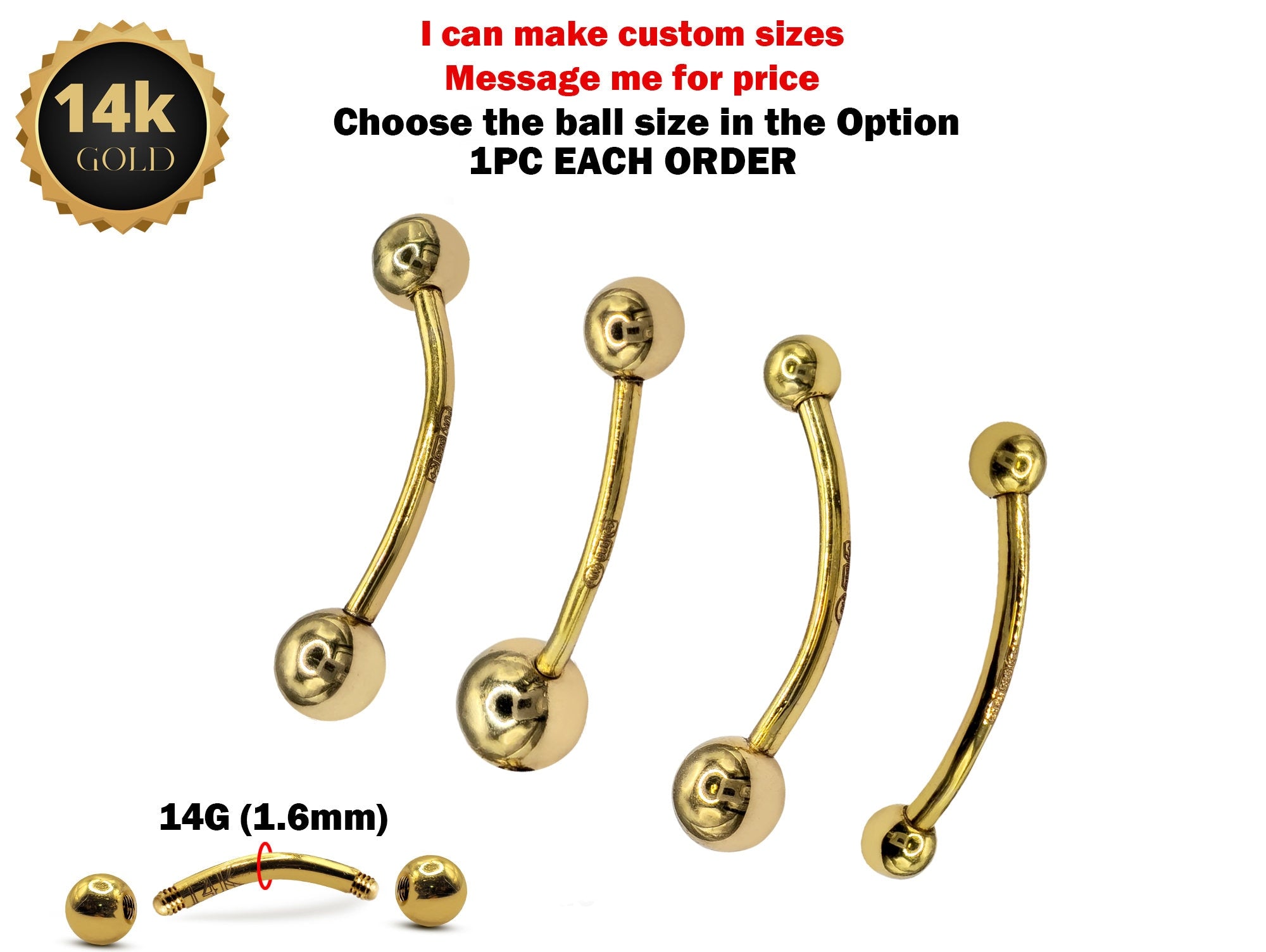 14K Solid Gold 14G Curved Barbell Piercing - Body Piercing for Eyebrow, Lip Studs, Rook Jewelry - Custom Ball Sizes Combination