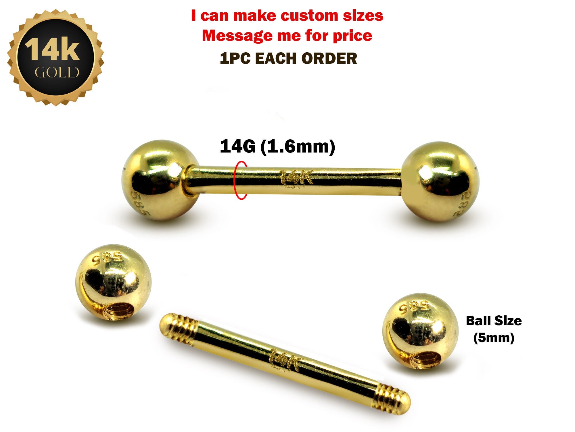 14K Gold Barbell Piercing Tongue Bar, 14G Nipples Jewellery, Cartilage Bar - Piercing with Stamp Certified real Gold