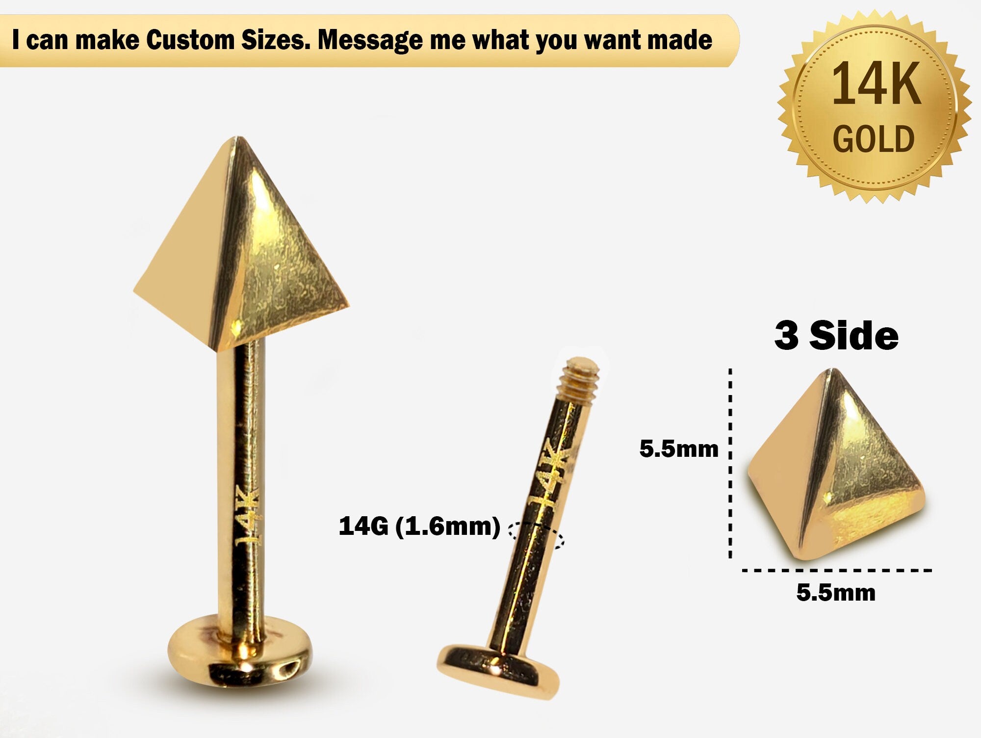 14K Gold Spike Pyramid Labret Stud Lip Jewellery, Lip Piercing Tragus Earring - 14G Body Jewellery Gold Lip Bar