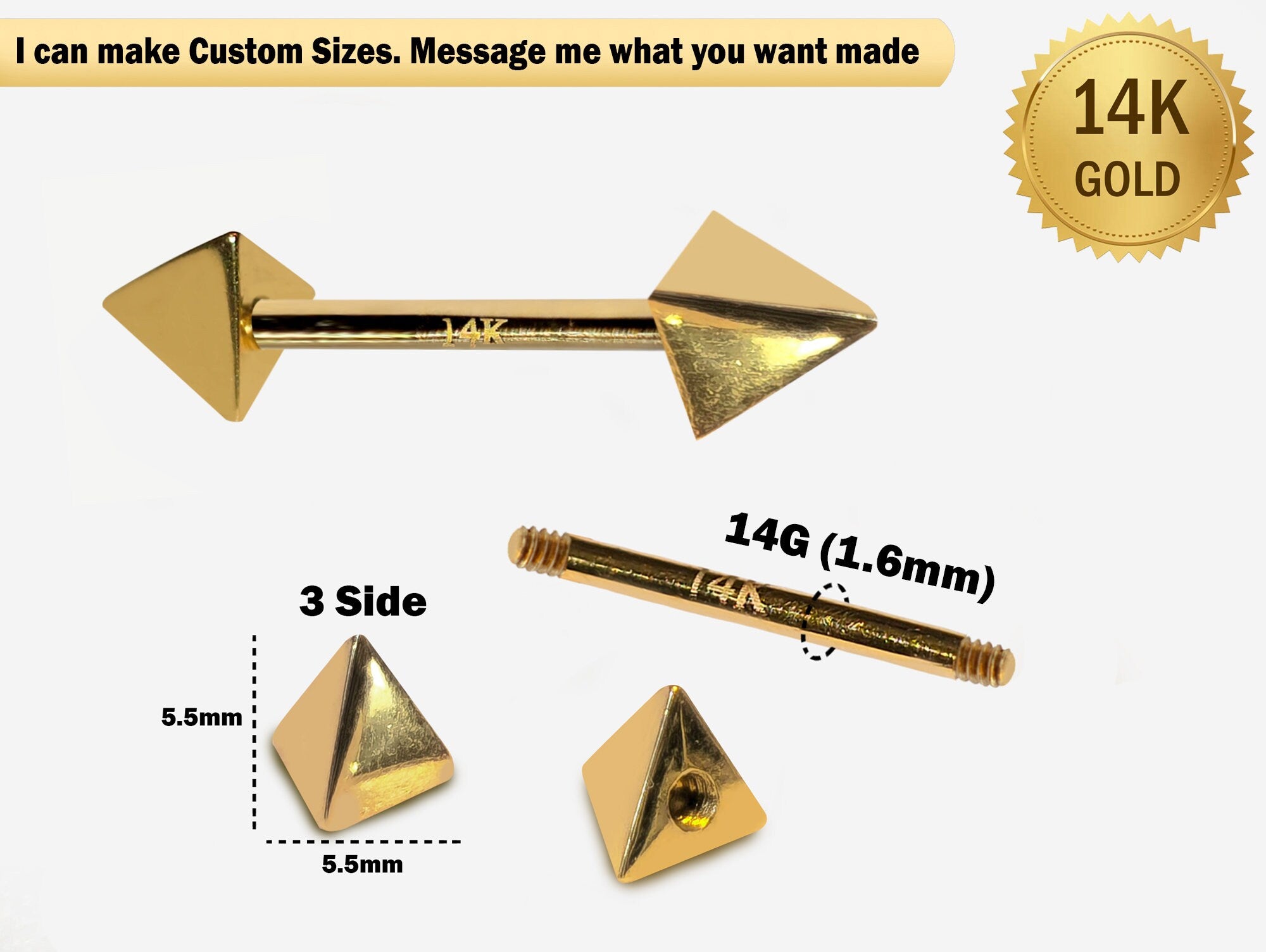 14K Real Gold 3 Side Pyramid Cone Barbell Piercing, Nipple Jewelry, Barbell Earrings - 14G Body Jewellery Straight Barbell Stud