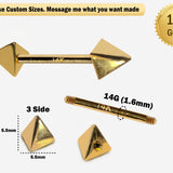 14K Real Gold 3 Side Pyramid Cone Barbell Piercing, Nipple Jewelry, Barbell Earrings - 14G Body Jewellery Straight Barbell Stud