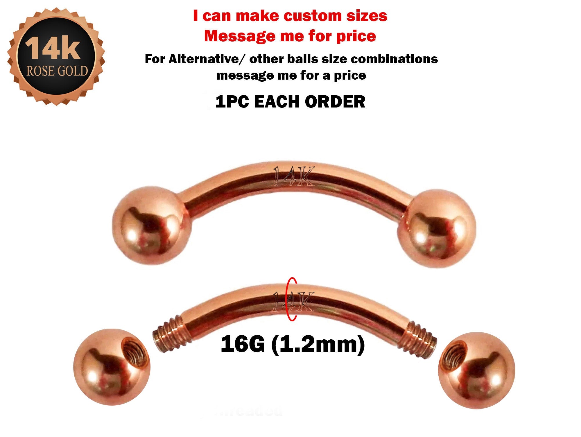 14K Rose Gold 16G Curved Barbell Piercing - 14K Gold Body Piercing for Eyebrow, Lip Studs, Rook Jewelry, Cartilage Bar