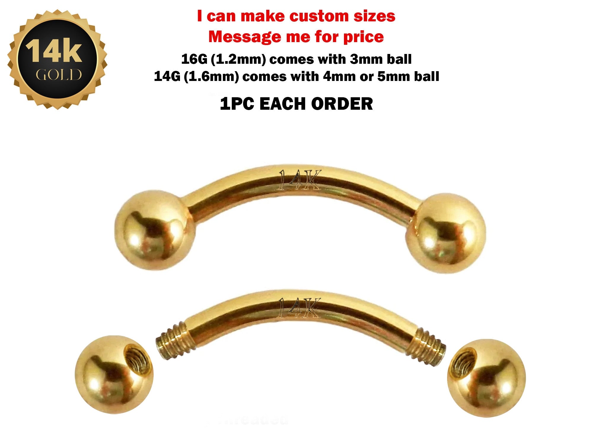 14K Solid Gold Curved Barbell Piercing - 14K Gold Body Piercing for Eyebrow, Lip Studs, Rook Jewelry, Cartilage Bar - 14G and 16G available