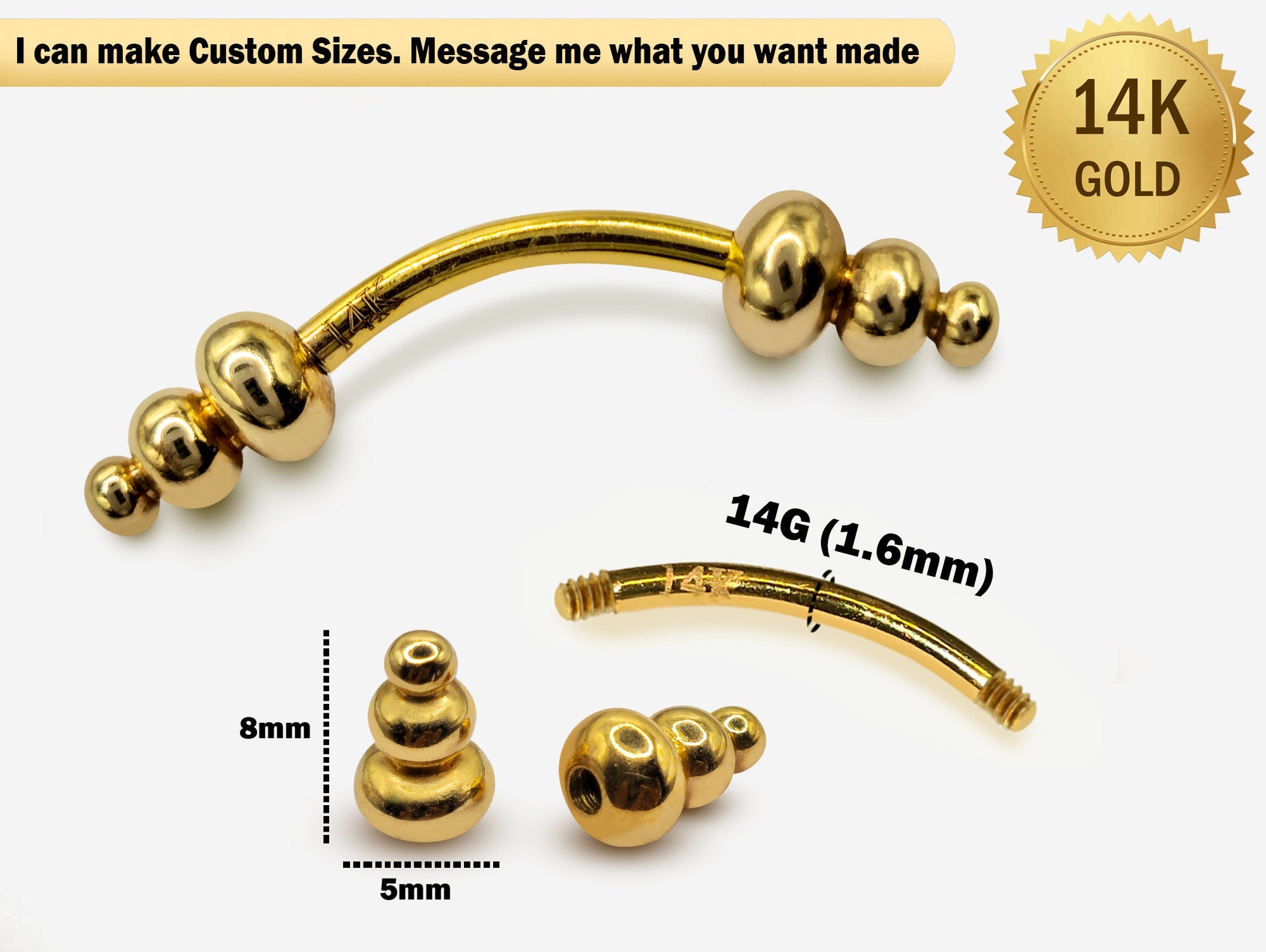 14K Gold Unique Style Eyebrow Piercing Curved Barbell Piercing, Cartilage Piercing, Belly Ring - 14G Body Jewellery