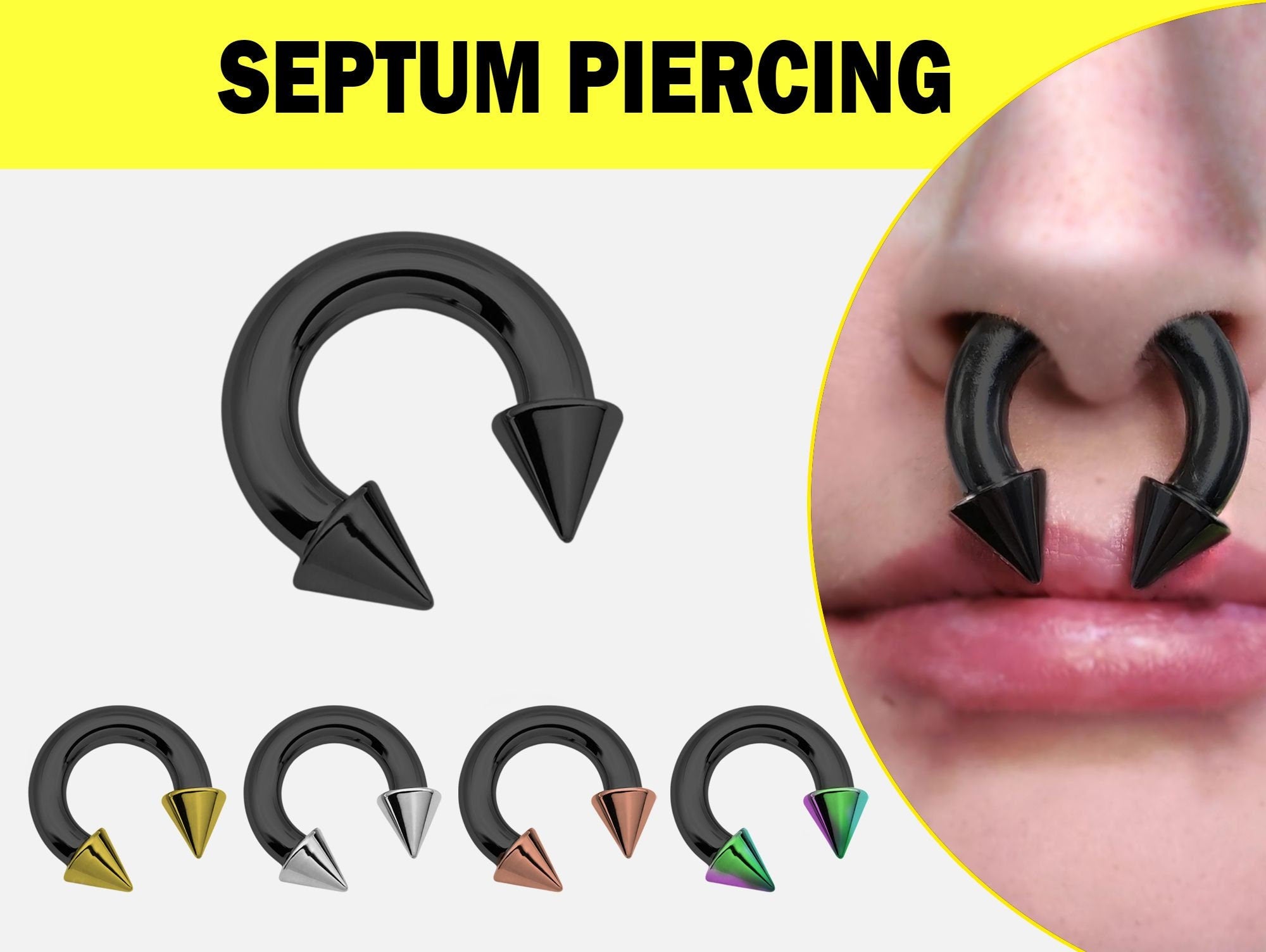 Black Spike Septum Piercing Internally Threaded Horseshoe Barbell CBB/BCR Big Gauge Septum Ring, PA Ring Combination - British Standard