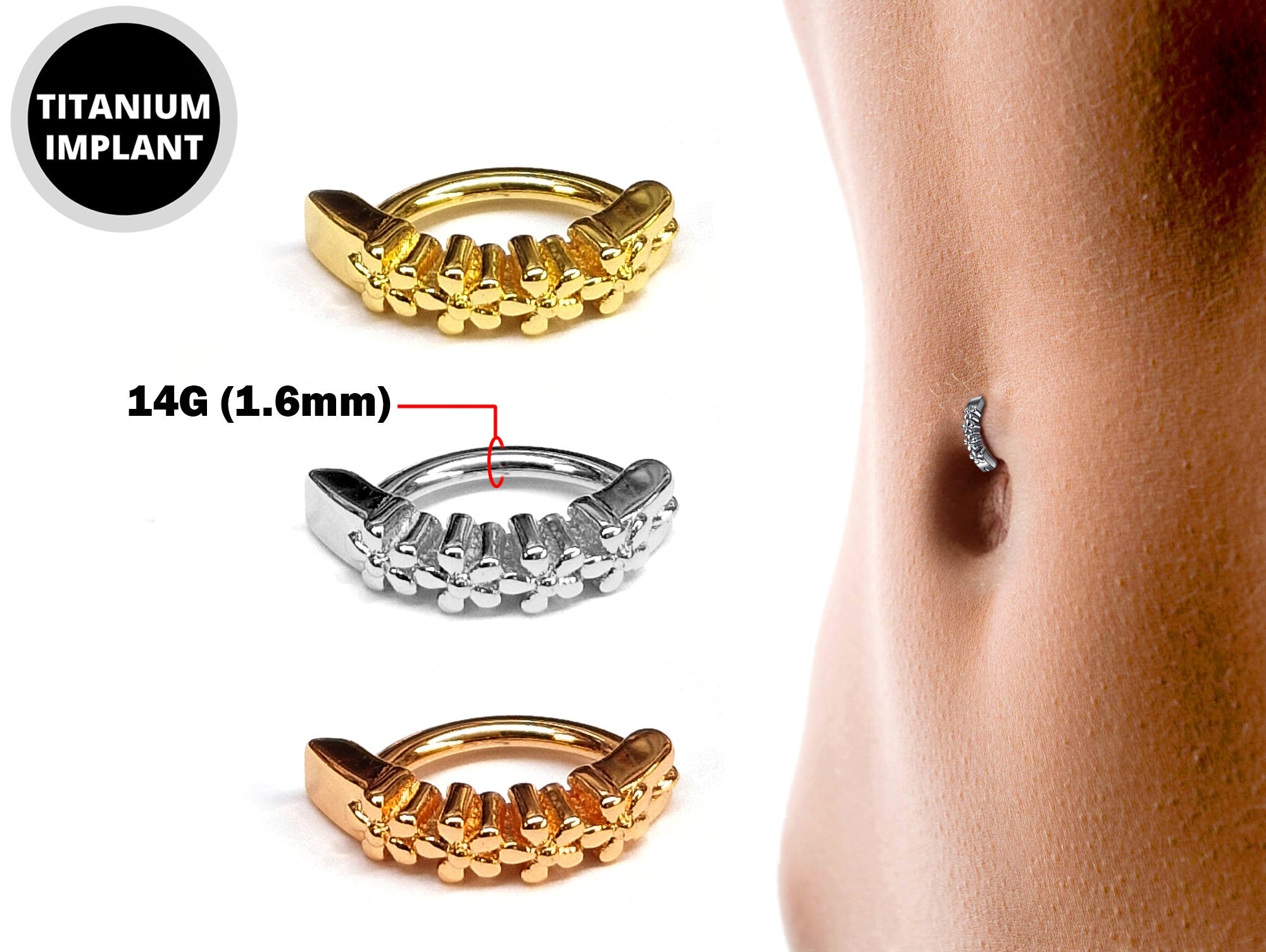 Titanium Reverse Clicker Belly Ring, Flower Design Navel Ring - 14G Belly Bar Size 10mm - Gold, Rose Gold, Silver Tone