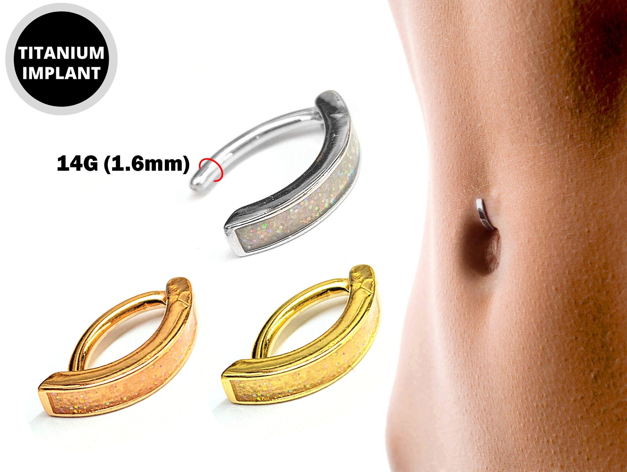 Titanium Reverse Clicker Belly Ring, Navel Ring with Glittery Design - 14G Belly Bar Size 10mm - Gold, Rose Gold, Silver Tone