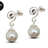 Silver Drop Dangle Pearl Earrings Spiral Design with Crystal adding a touch of sparkle to the intricate design