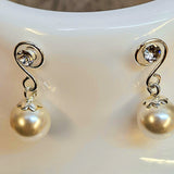 Silver Drop Dangle Pearl Earrings Spiral Design with Crystal adding a touch of sparkle to the intricate design