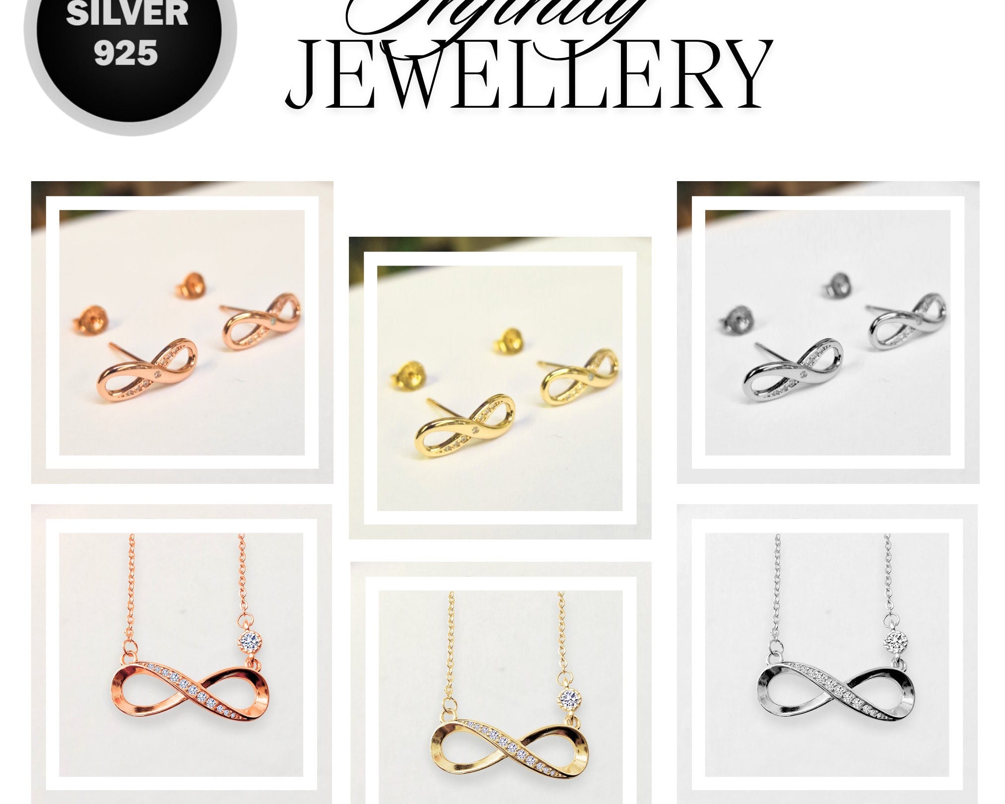 Silver Infinity Stud Earrings and Pendant Necklace Available as a Sets - With CZ Crystals - Endless and Boundless Jewellery
