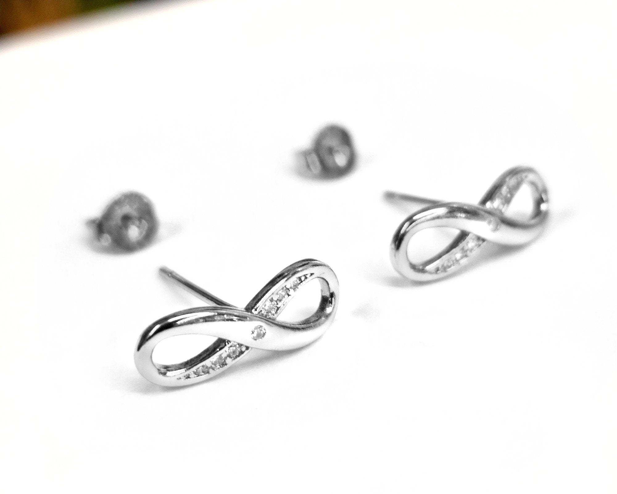 Silver Infinity Stud Earrings and Pendant Necklace Available as a Sets - With CZ Crystals - Endless and Boundless Jewellery