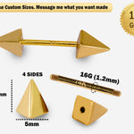 14K Real Gold 4 Side Spike Pyramid Barbell Piercing, Nipple Jewelry, Barbell Earrings - 16G Body Jewellery Straight Barbell Stud