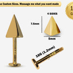 14K Gold Spike Labret Stud Lip Jewellery, Lip Piercing Tragus Earring - Pyramid Design - 16G Body Jewellery Gold Lip Bar