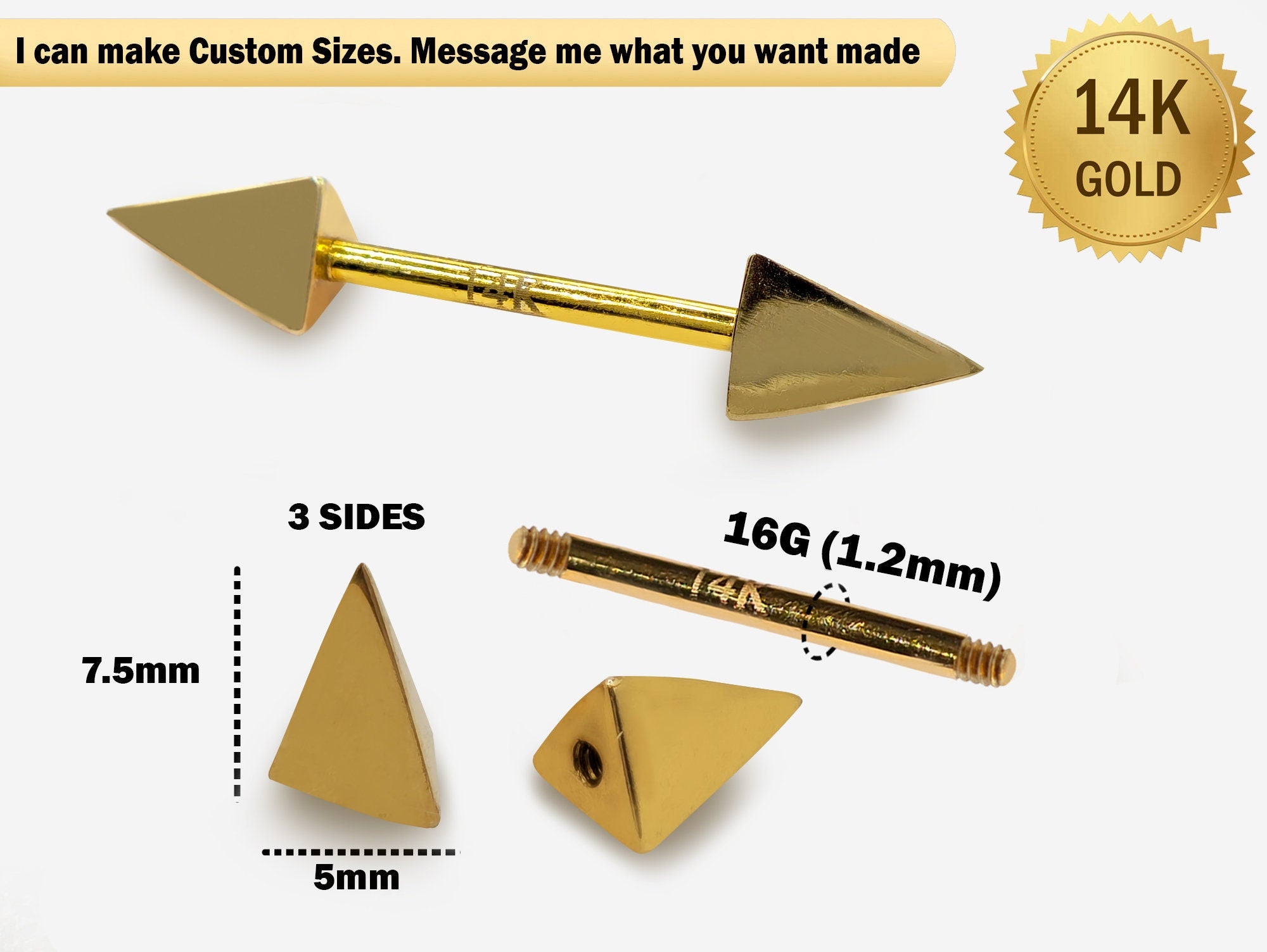 14K Real Gold 3 Side Spike Pyramid Nipple Jewelry, Barbell Piercing, Barbell Earrings - 16G Body Jewellery Straight Barbell Stud