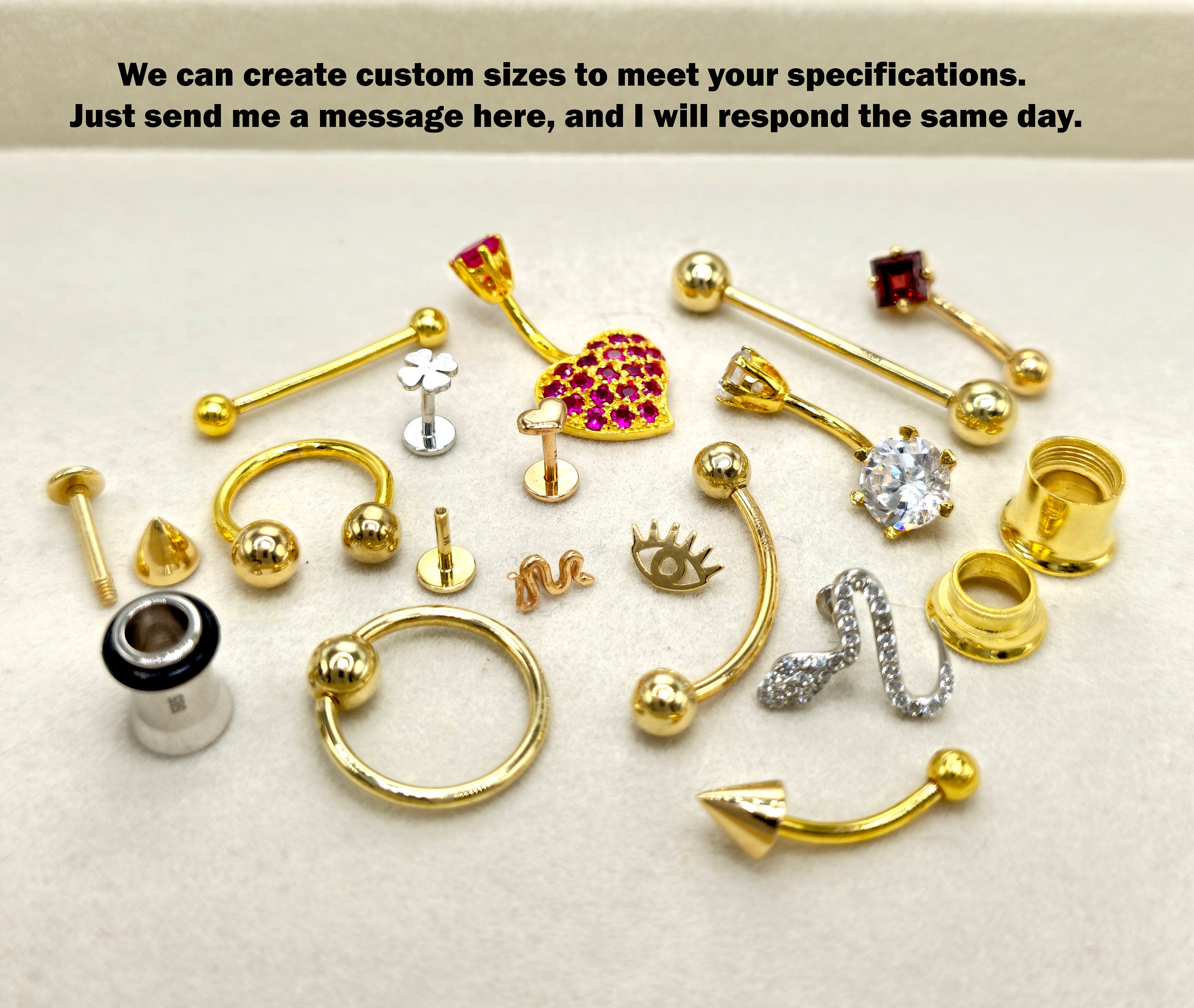 14K Solid Gold Eyebrow Barbell with Gemstones: 18G 16G 14G Curved Piercing Jewelry