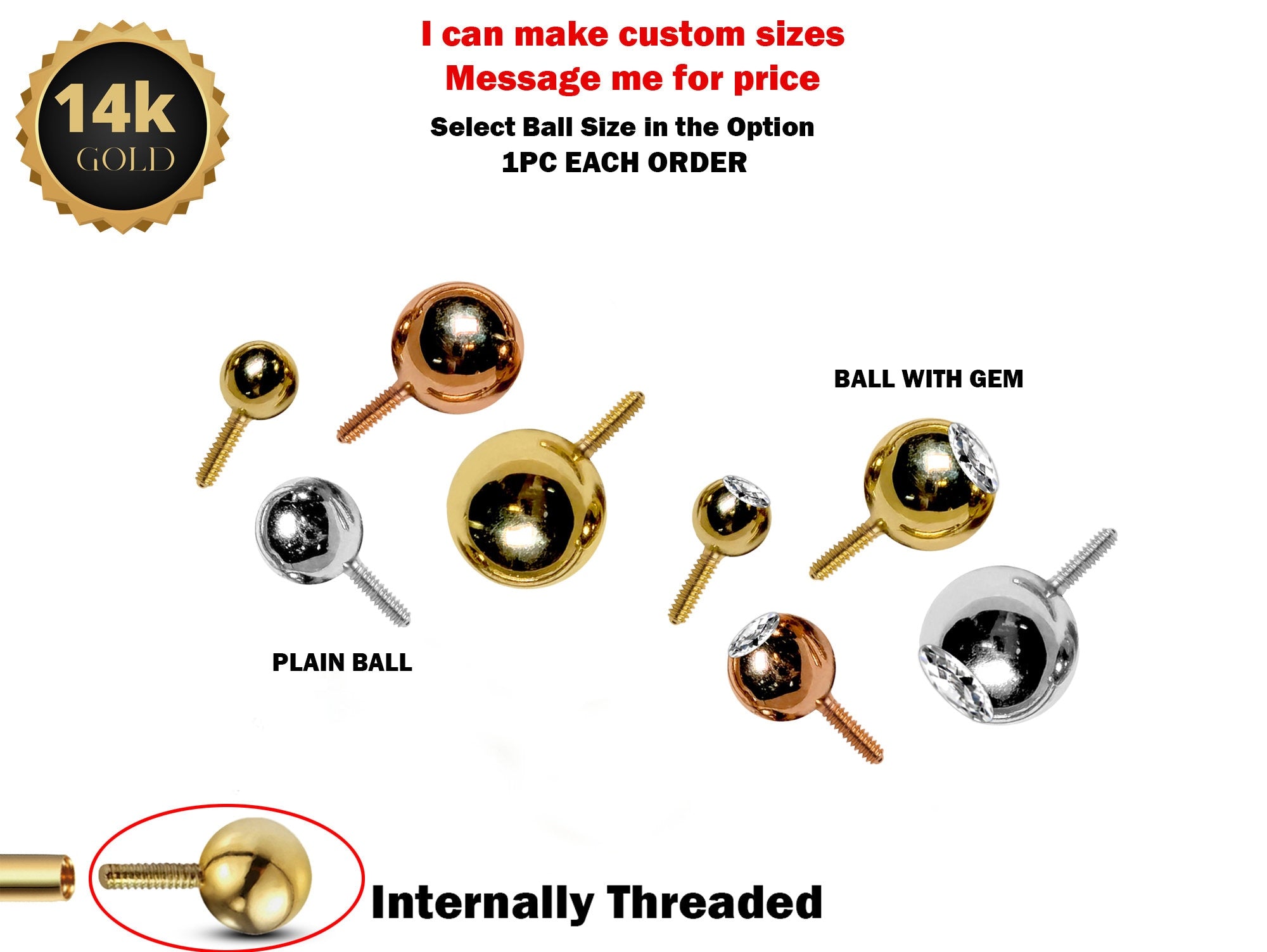 14K Solid Gold Piercing Balls Replacement for Internally Threaded Piercing Barbell, CBB, Curved Bar and Labrets