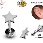 14K White Gold Star Shape Tragus Earring, Labret Stud, Helix Cartilage Piercing - Internally Threading Body Jewellery Ear Piercing