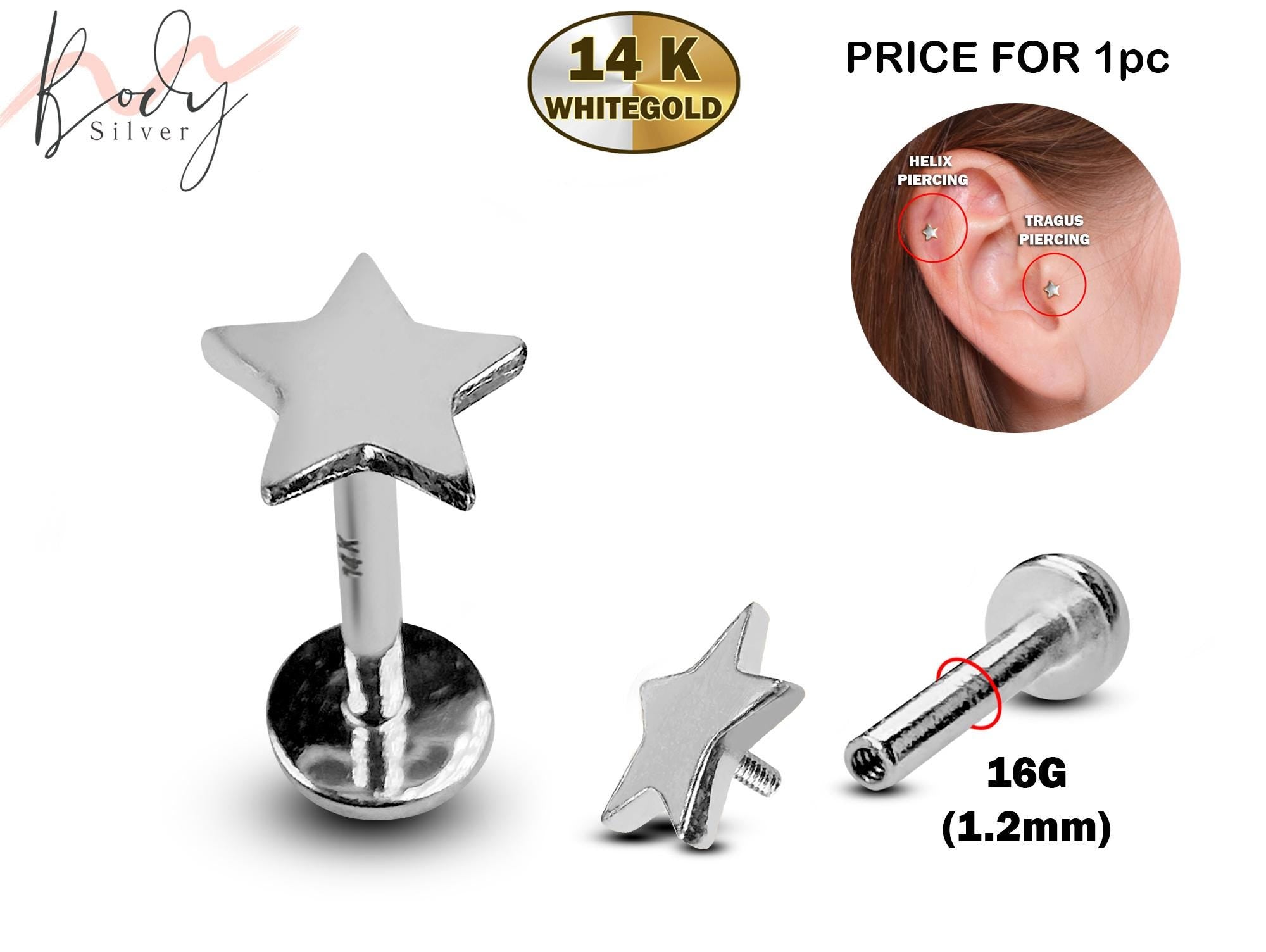 14K White Gold Star Shape Tragus Earring, Labret Stud, Helix Cartilage Piercing - Internally Threading Body Jewellery Ear Piercing