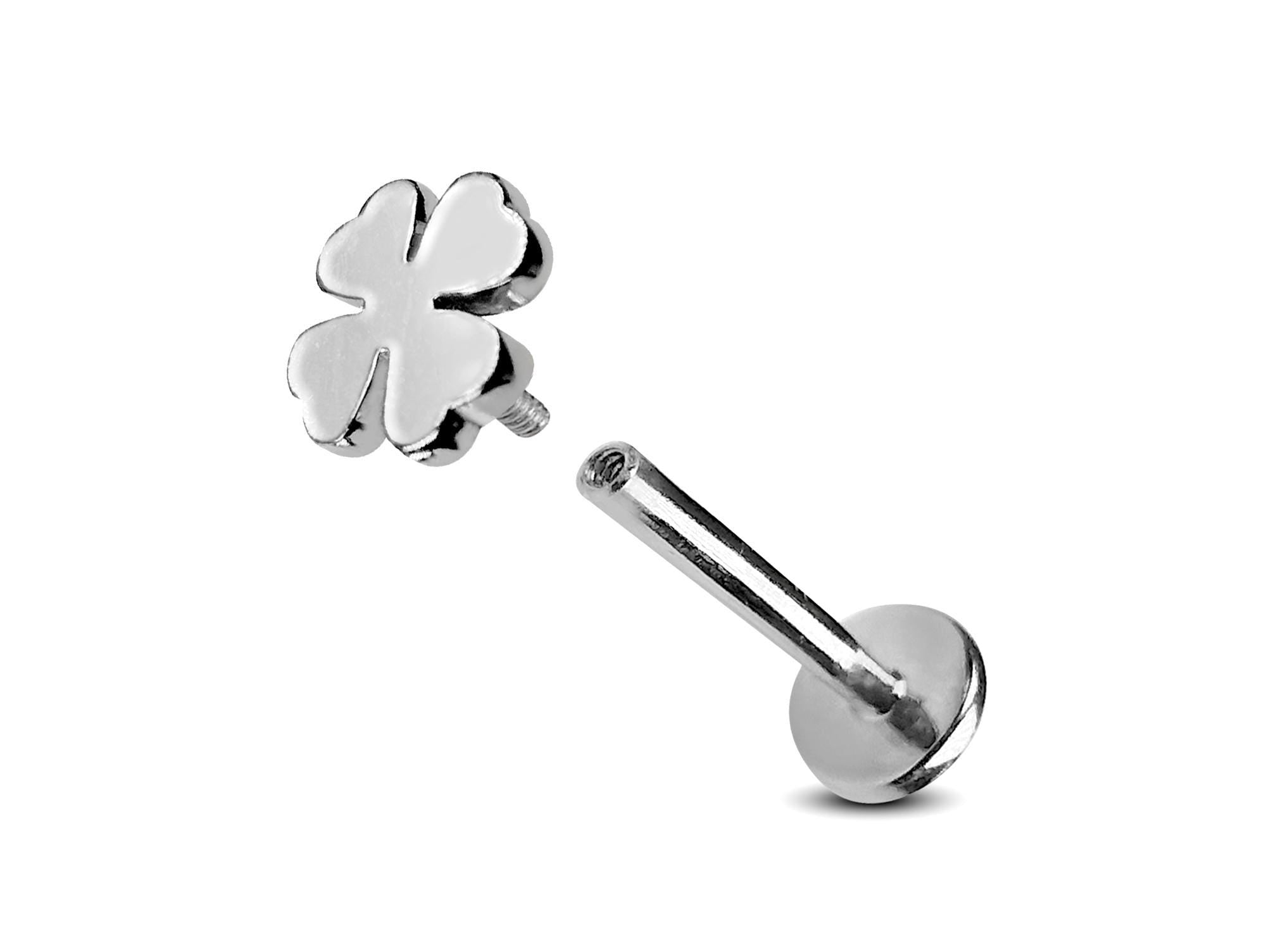 14K White Gold Clover Leaf Tragus Earring, Labret Stud, Helix Cartilage Piercing - Internally Threading Body Jewellery Ear Piercing