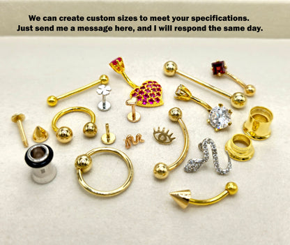 14K Gold Ball Staple Surface Barbell Dermal Piercing with Gemstones Internally Threaded 16G 14G Body Jewellery