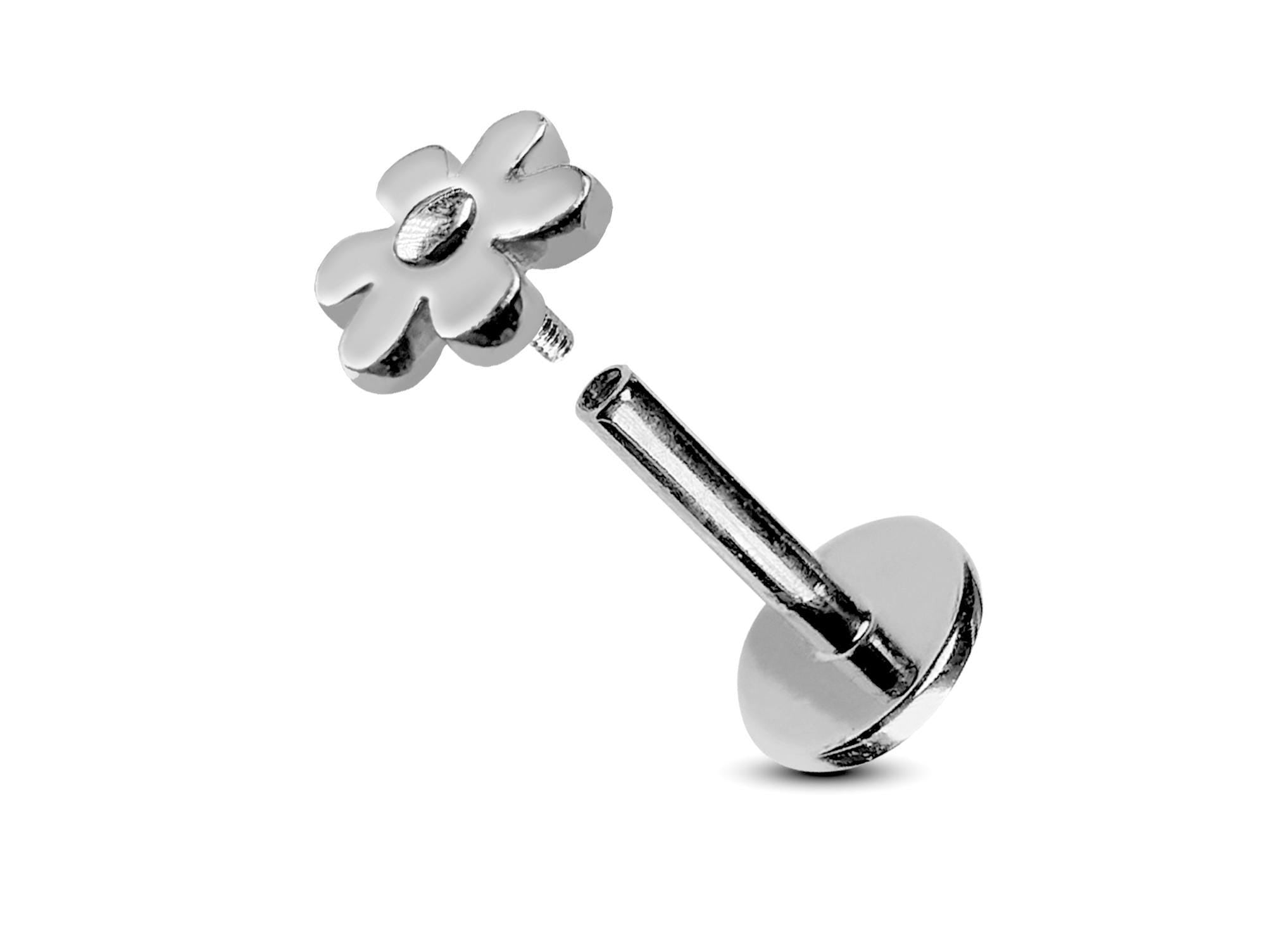 14K White Gold Flower Tragus Earring, Labret Stud, Helix Cartilage Piercing - Internally Threading Body Jewellery Ear Piercing