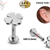 14K White Gold Clover Leaf Tragus Earring, Labret Stud, Helix Cartilage Piercing - Internally Threading Body Jewellery Ear Piercing