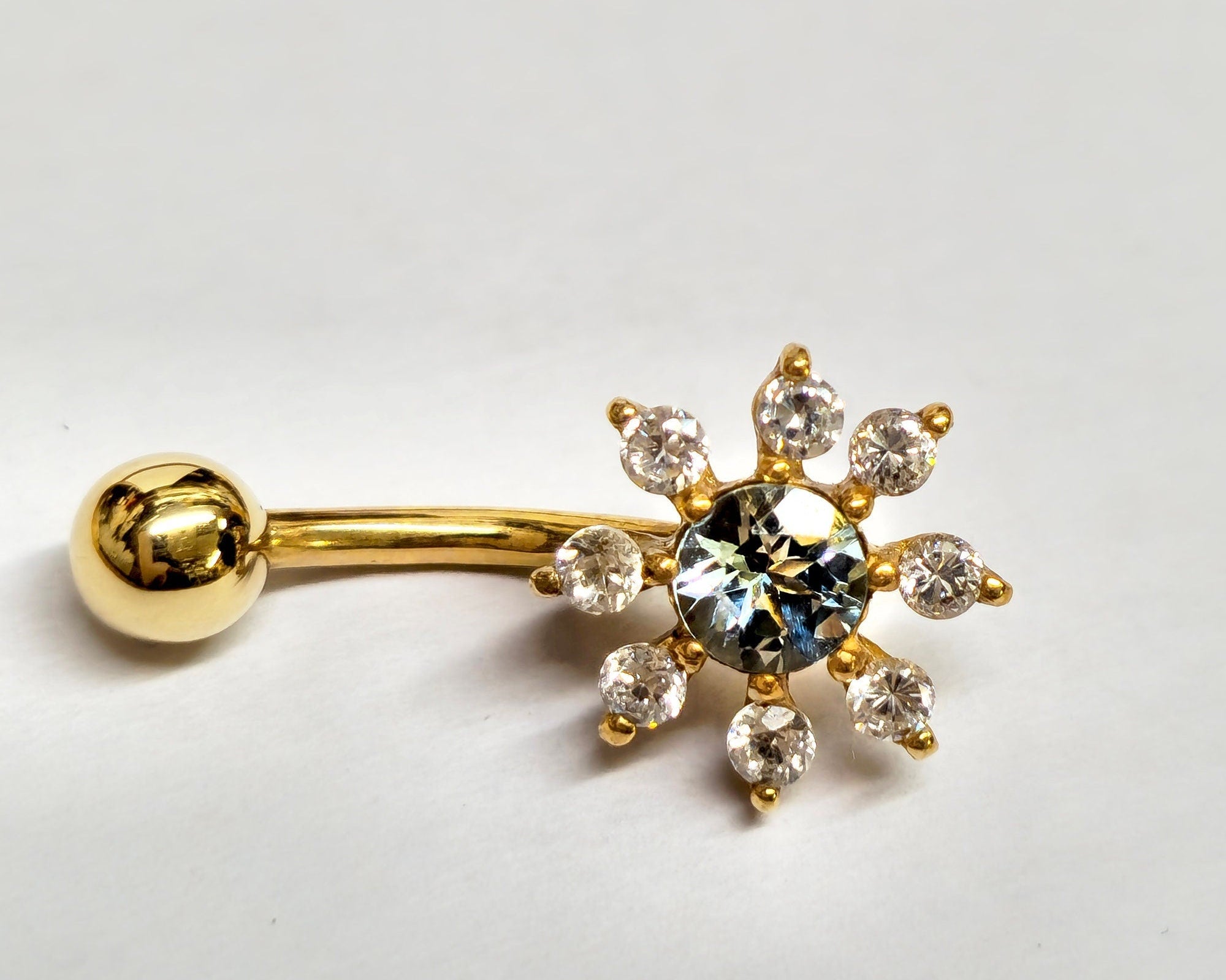Solid Gold 14K Belly Button Rings - 14K Gold Flower Shape Belly Ring, Belly Bar, Navel Jewellery - Hand Made Body Jewellery Piercings