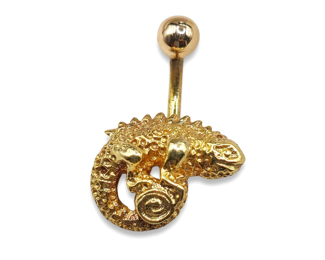 14KSolid Gold Belly Bar, Button Ring, Chameleon Lizard Belly Bar, Gold Belly Button Ring- Hand Made Body Jewellery Piercings