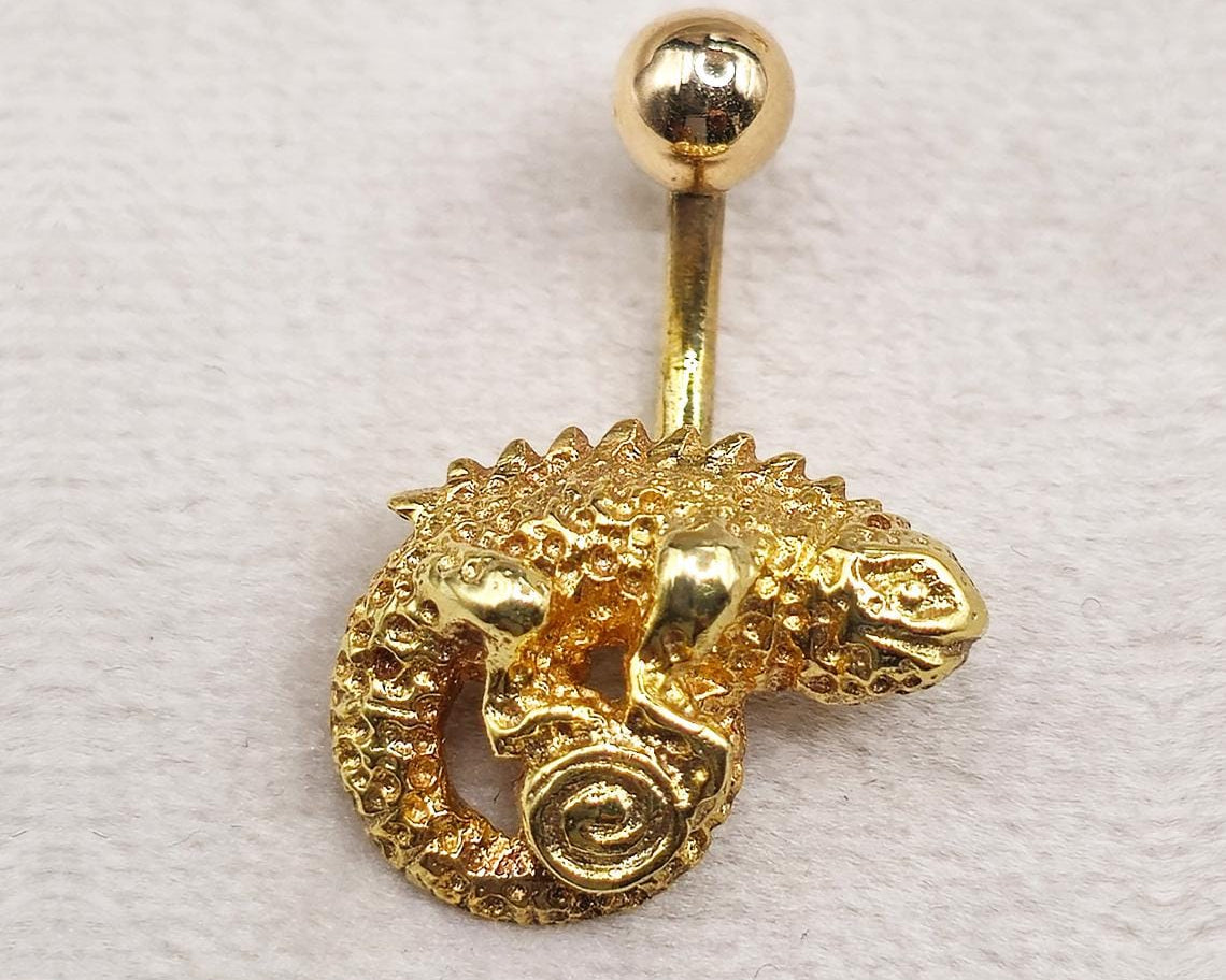 14KSolid Gold Belly Bar, Button Ring, Chameleon Lizard Belly Bar, Gold Belly Button Ring- Hand Made Body Jewellery Piercings