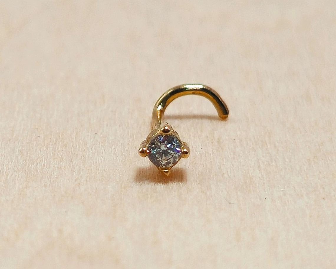 14K Gold Twist Nose Stud: 20G Crystal Nose Ring