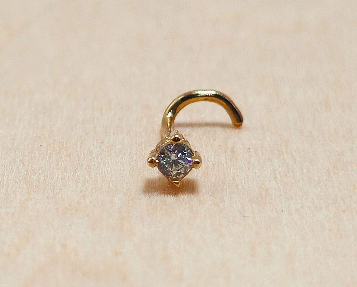 14K Gold Twist Nose Stud: 20G Crystal Nose Ring
