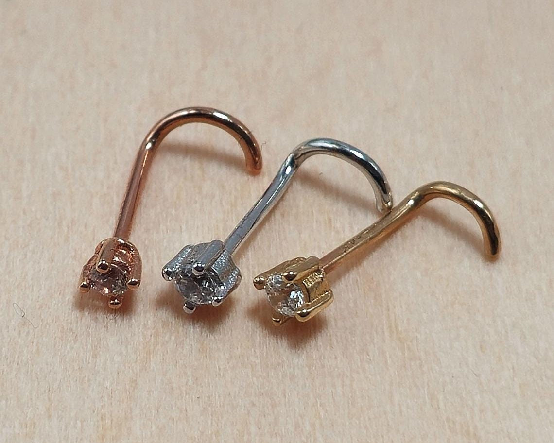 14K Gold Twist Nose Stud: 20G Crystal Nose Ring