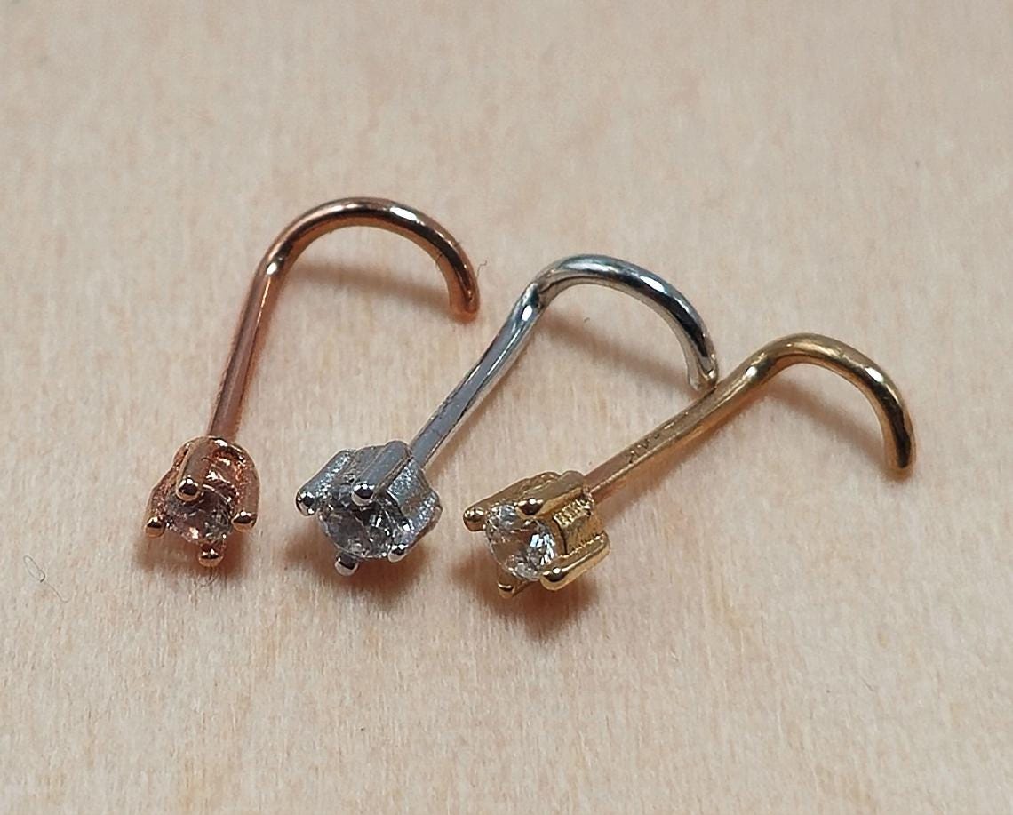 14K Gold Twist Nose Stud: 20G Crystal Nose Ring
