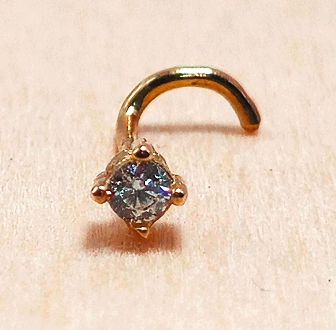 14K Gold Twist Nose Stud: 20G Crystal Nose Ring