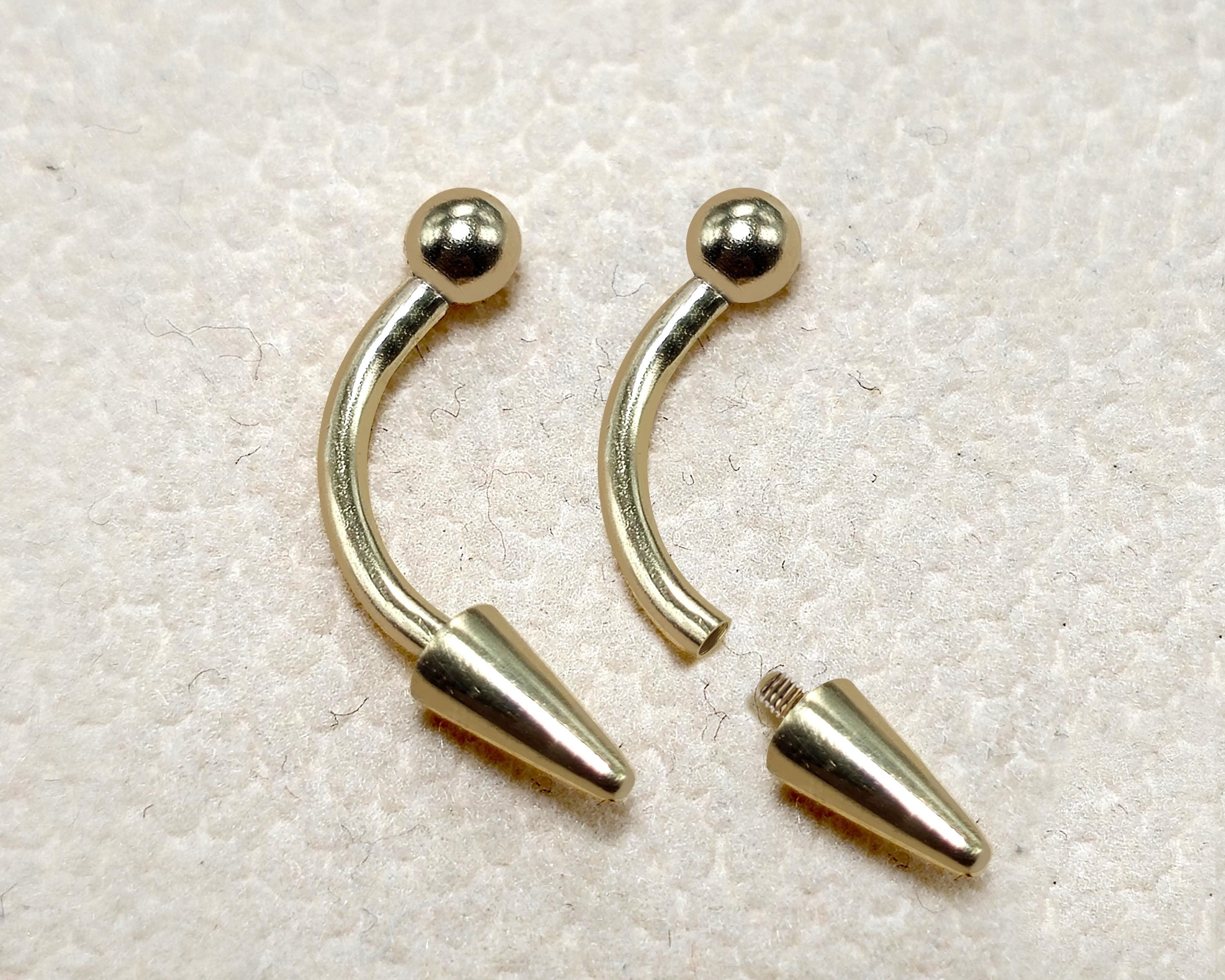 14K Solid Gold Internal Threaded Spike Curved Barbell, Vertical Labret Stud Lip Piercing - Body Jewellery Also for Eyebrows - 1pc each order