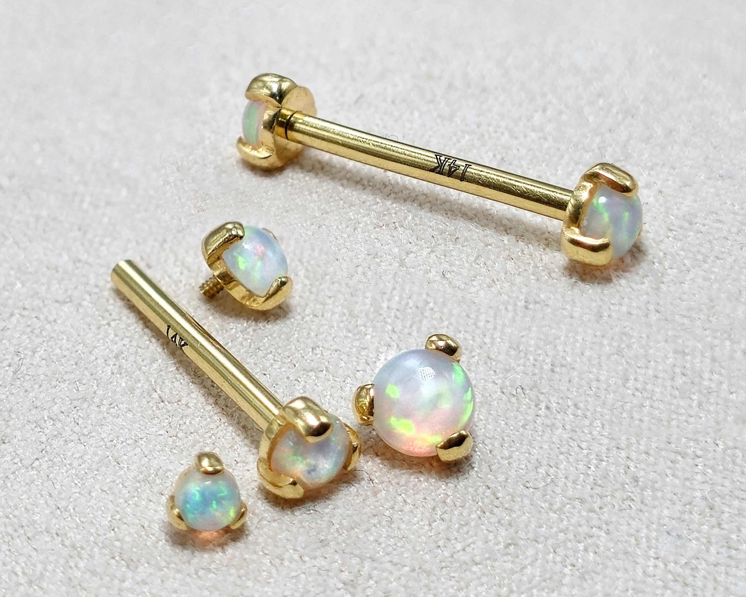 14K Solid Gold Nipple Barbell Jewellery with Opal Stone - Internally threaded - Body Piercing Also for Cartilage Earrings - 1pc each order