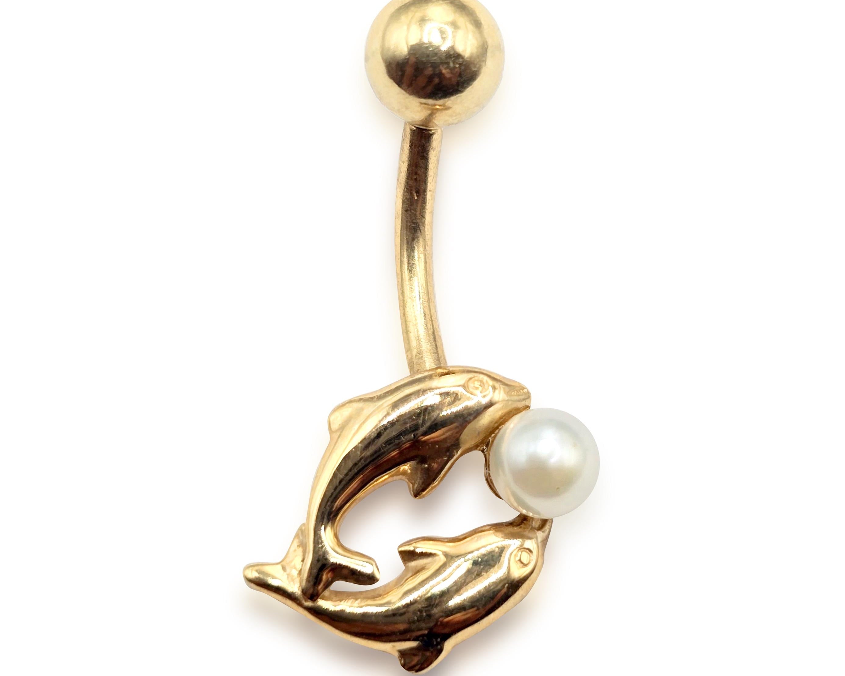 14K Gold Dolphin Belly Button Ring with Genuine Pearl 14G Navel Piercing size 10mm