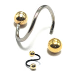 Titanium Twisted Spiral Barbell Combined with 14K Solid Gold Balls Body Jewellery Lip Ring, Helix Earring - Sold as a single unit