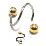 Titanium Twisted Spiral Barbell Combined with 14K Solid Gold Balls Body Jewellery Lip Ring, Helix Earring - Sold as a single unit