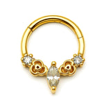 14K Gold 16G Unique Style Clicker Ring for Nose Septum, Daith Hoops Body Jewellery Piercing with Gem Crystal Hand Set - Diameter size 8mm