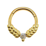 14K Gold 16G Olive Leaves Septum Clicker Ring, Daith Hoops, Helix Body Jewellery Segment Hinged Ring with Gem Crystal - Diameter size 8mm