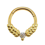 14K Gold 16G Olive Leaves Septum Clicker Ring, Daith Hoops, Helix Body Jewellery Segment Hinged Ring with Gem Crystal - Diameter size 8mm
