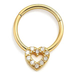 14K Gold Heart Charm Clicker hoop ring for Septum, Daith, Cartilage 16G Body Jewellery Segment Hinged Ring with Gemstone - Diameter size 8mm