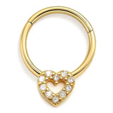 14K Gold Heart Charm Clicker hoop ring for Septum, Daith, Cartilage 16G Body Jewellery Segment Hinged Ring with Gemstone - Diameter size 8mm