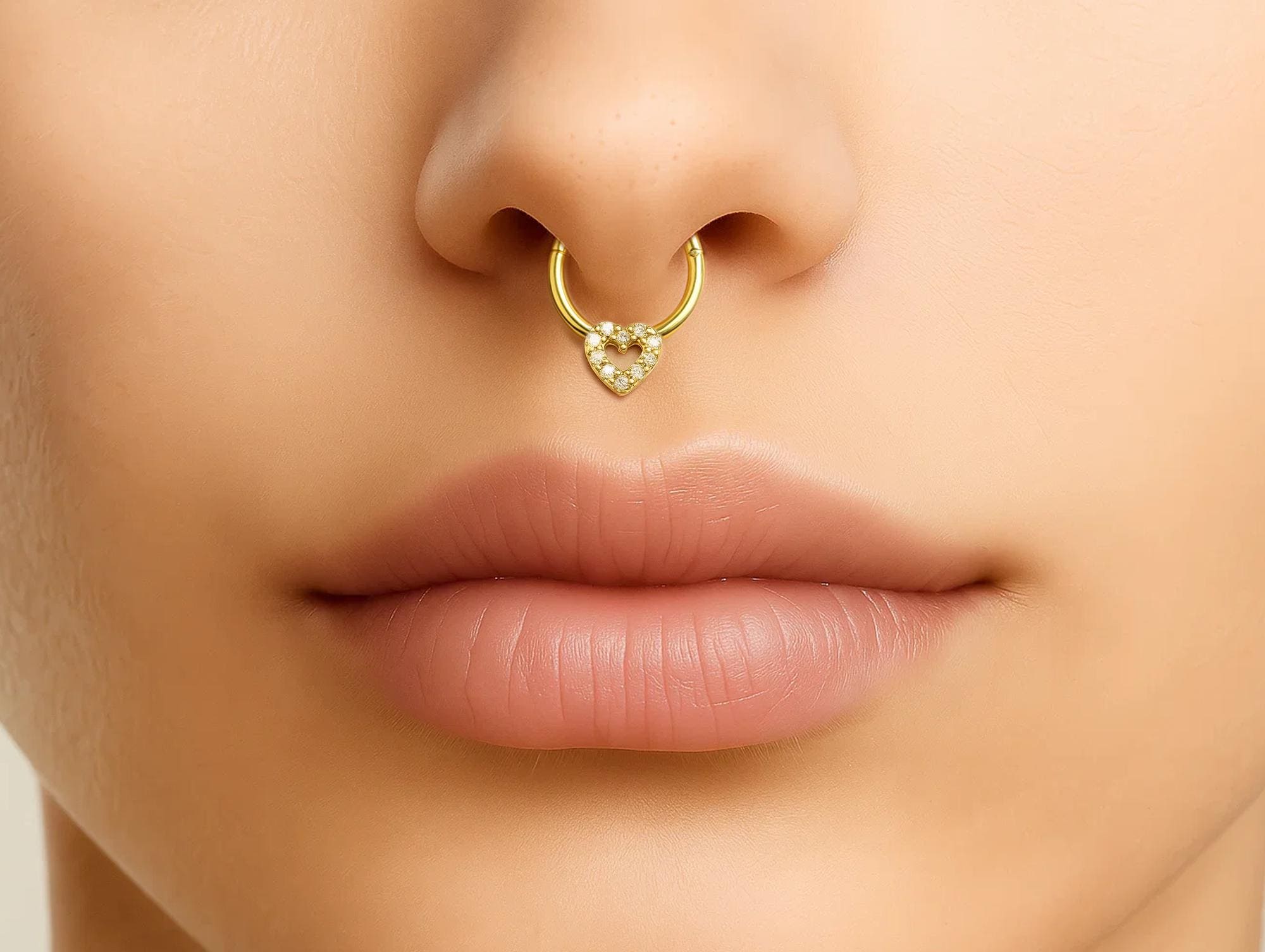 14K Gold Heart Charm Clicker hoop ring for Septum, Daith, Cartilage 16G Body Jewellery Segment Hinged Ring with Gemstone - Diameter size 8mm